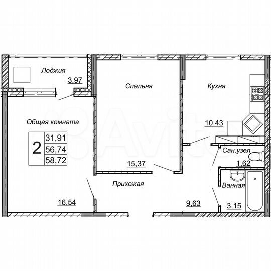 2-к. квартира, 58,7 м², 10/14 эт.