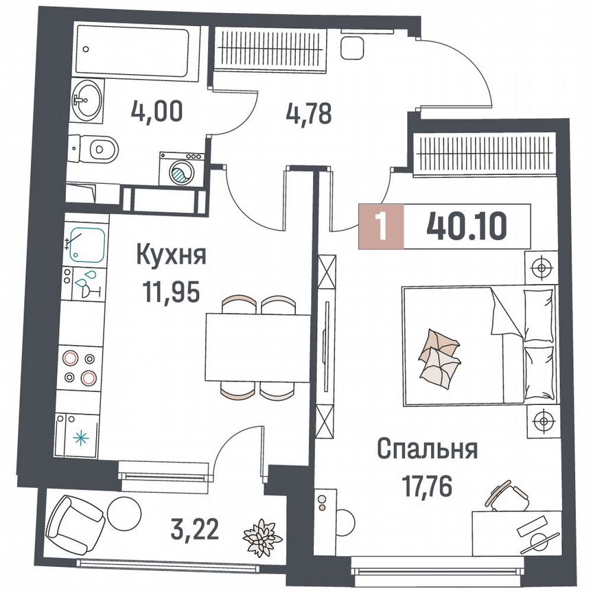 1-к. квартира, 40,1 м², 12/18 эт.
