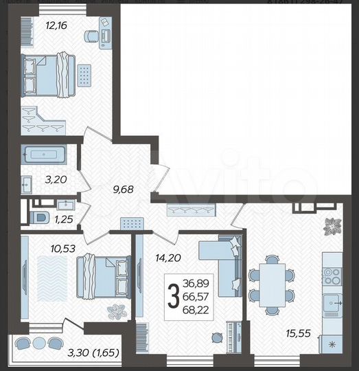3-к. квартира, 68,2 м², 12/18 эт.