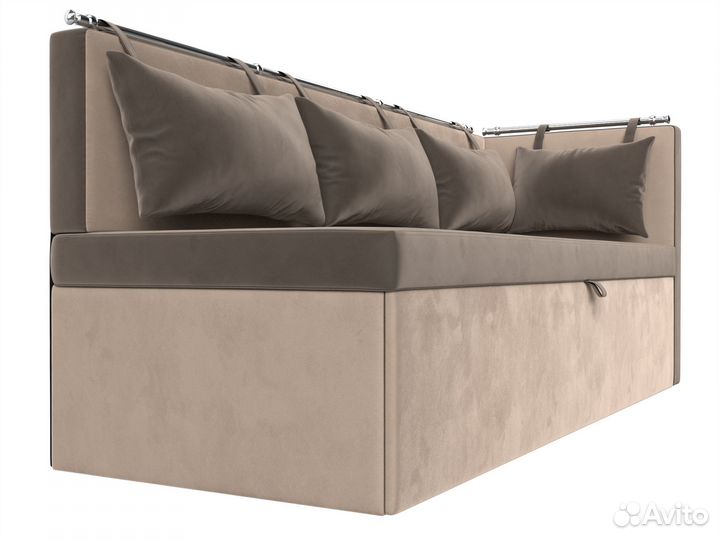 Диван кухонный прямой Метро с углом справа, велюр, коричневый, бежевый