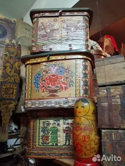 Старинные расписные лубяной короб рубель ларец