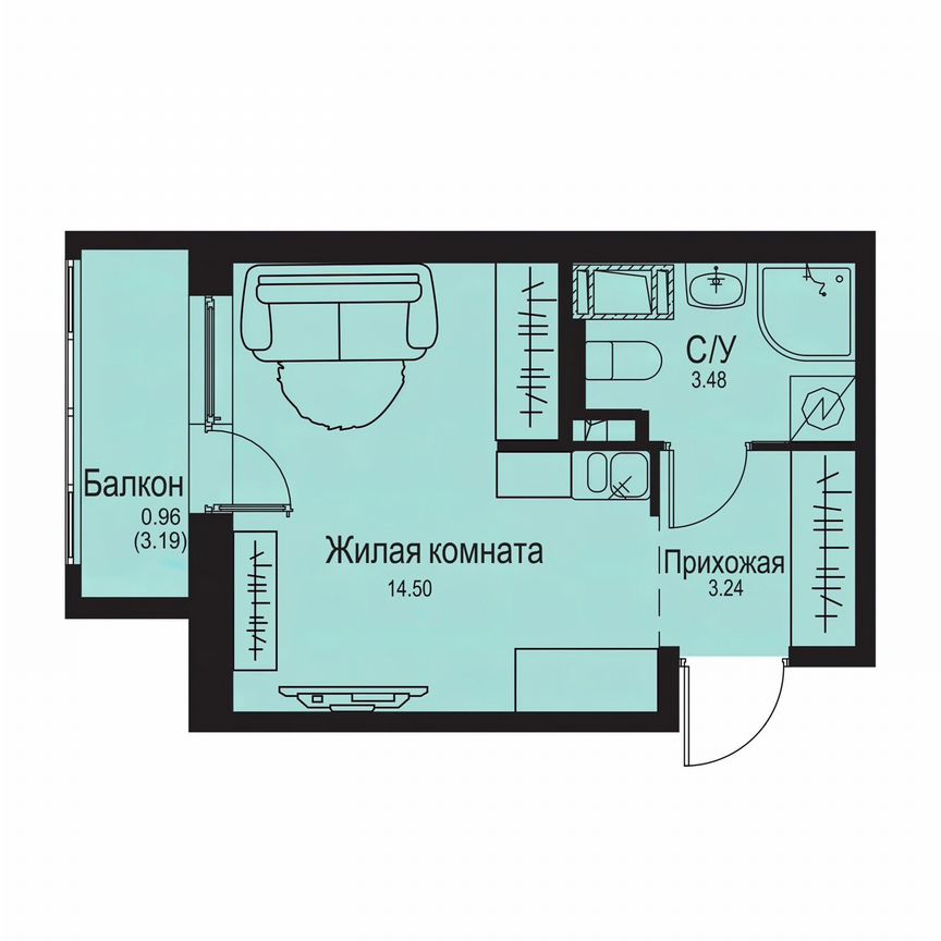 Квартира-студия, 22,2 м², 9/9 эт.