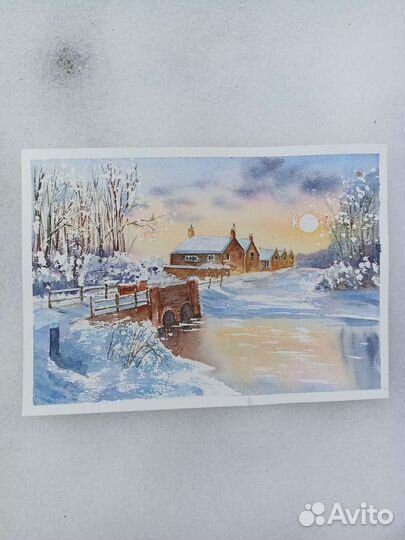 Картина акварелью Зимний пейзаж