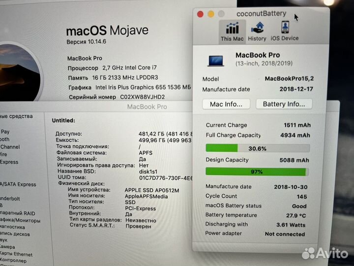 Macbook Pro 13 2018 A1989 i7/16/512/идеал батарея