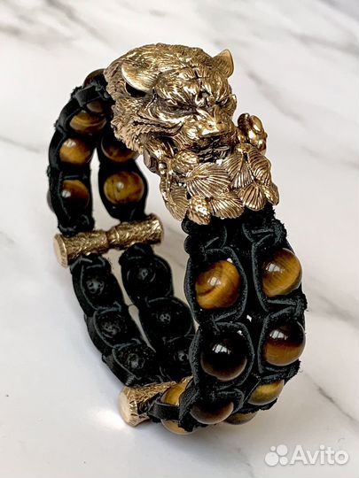 Мужской браслет Тигр из натуральной кожи и камней