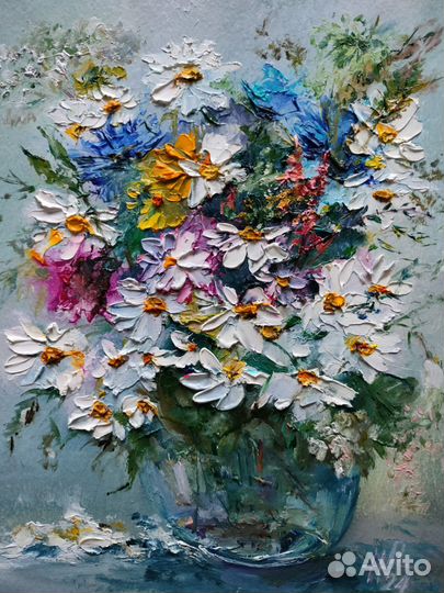 Картина маслом букет полевых цветов