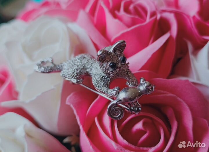Винтажная брошь кошка с мышкой