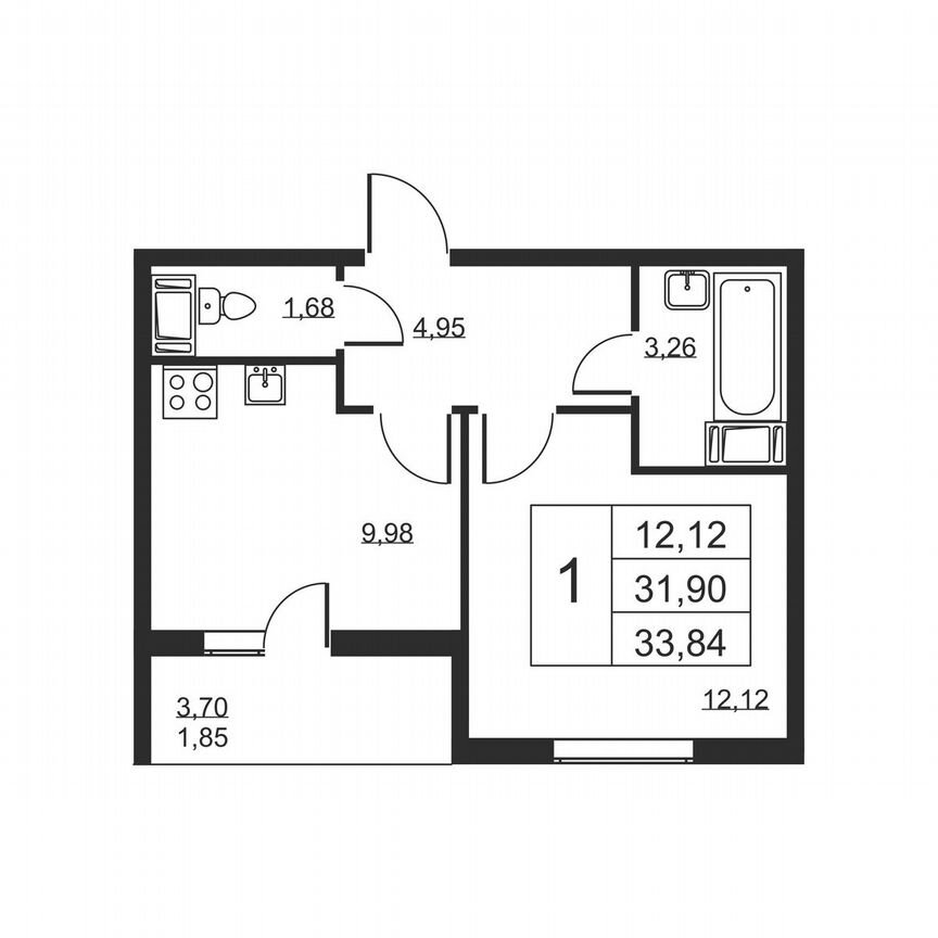 1-к. квартира, 33,8 м², 12/19 эт.