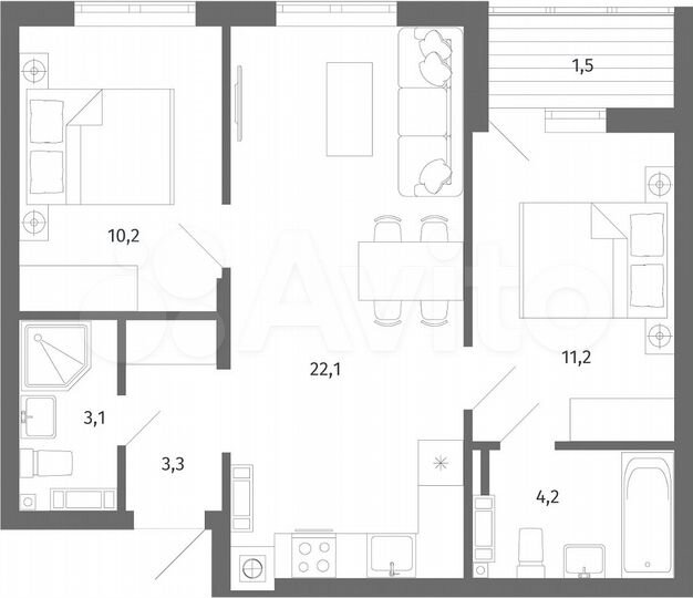 2-к. квартира, 55,6 м², 3/5 эт.