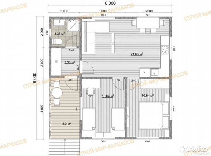 Дачный домик каркасный 8х8м
