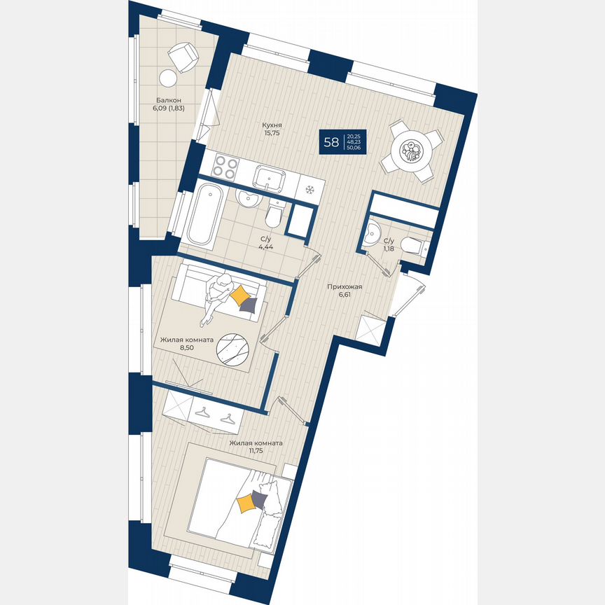 2-к. квартира, 50,1 м², 12/12 эт.