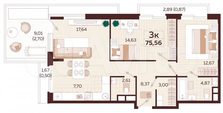 3-к. квартира, 75,2 м², 6/9 эт.