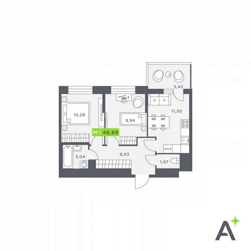 2-к. квартира, 46,7 м², 4/12 эт.
