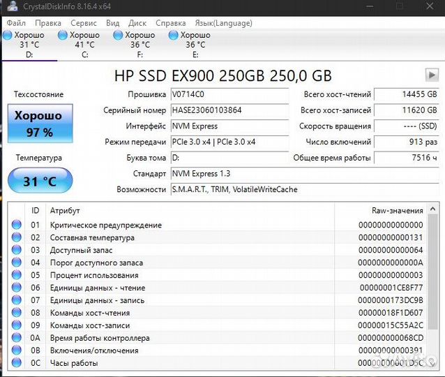 SSD M.2 nvme HP EX900 250Gb