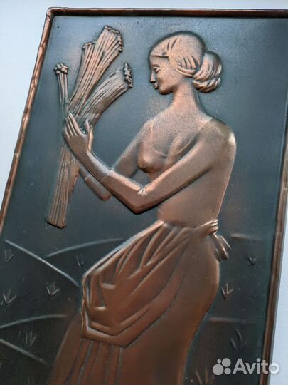 Картина из меди, чеканка, СССР, девушка со снопами
