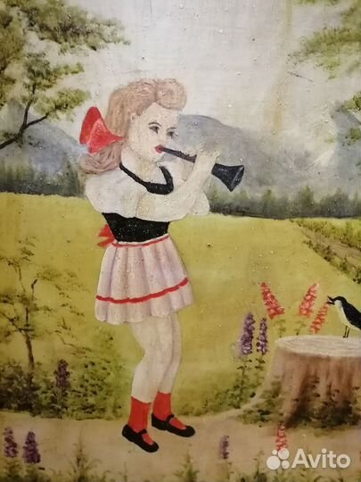 Картина девочка с дудочкой, масло, 40-50г. СССР