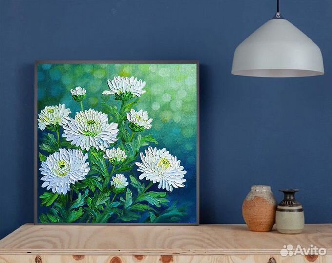 Картина маслом, цветы Хризантемы, холст 20х20