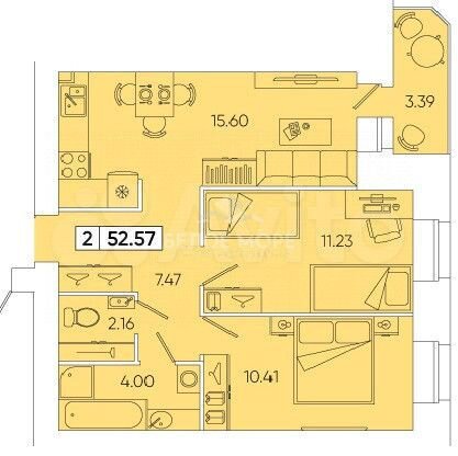 2-к. квартира, 52,6 м², 3/9 эт.