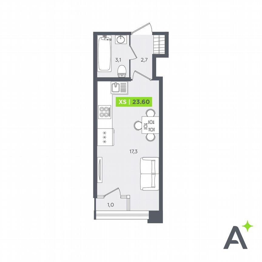 Квартира-студия, 23,6 м², 2/13 эт.
