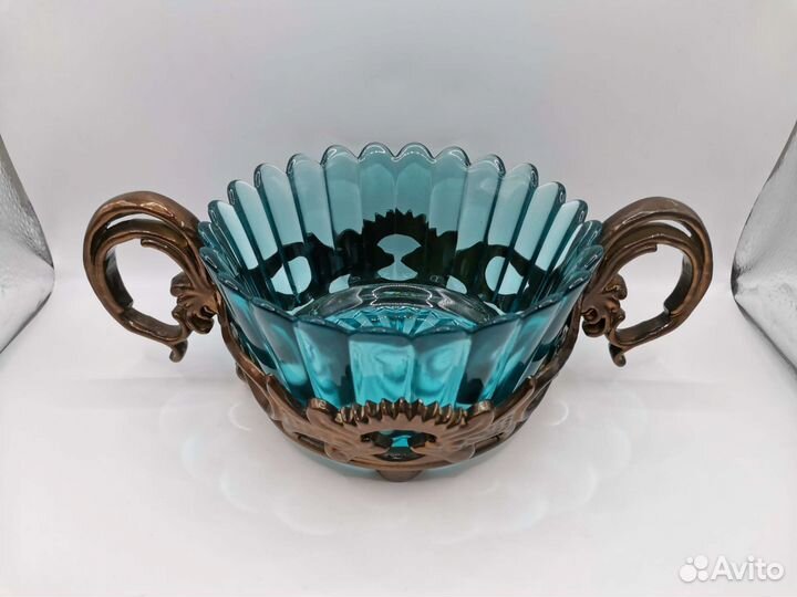 Конфетница Ваза Синее стекло Аллюминий СССР