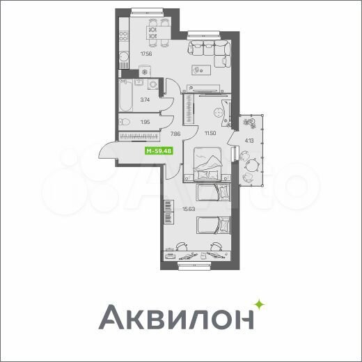 2-к. квартира, 59,5 м², 6/8 эт.