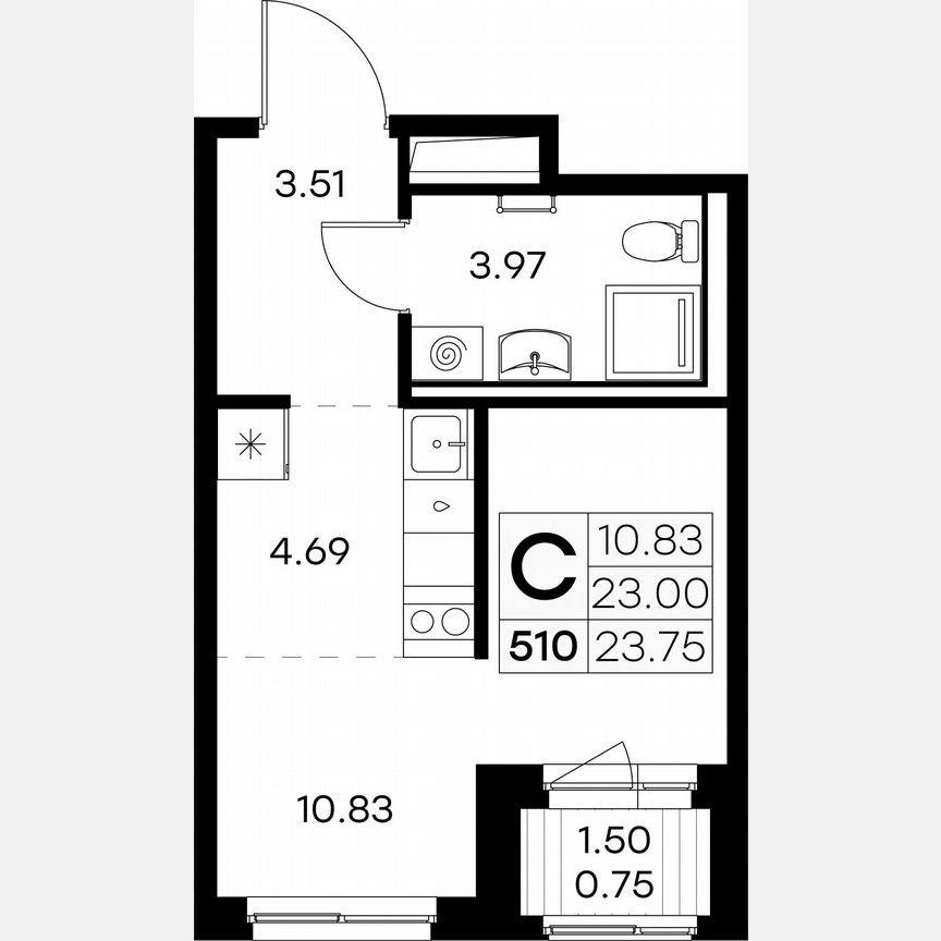 Квартира-студия, 23,8 м², 8/9 эт.