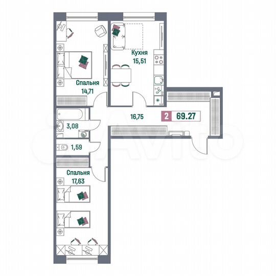 2-к. квартира, 69,3 м², 1/16 эт.