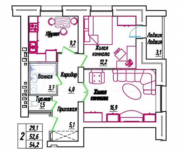 2-к. квартира, 54,2 м², 9/9 эт.