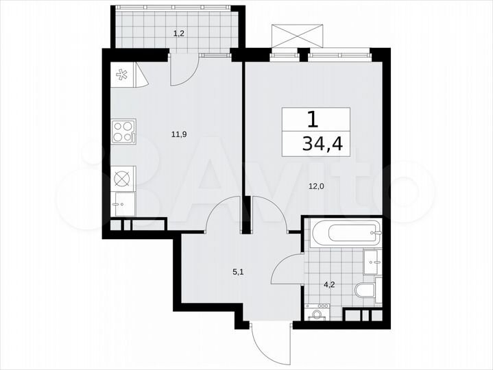 1-к. квартира, 34,4 м², 11/16 эт.