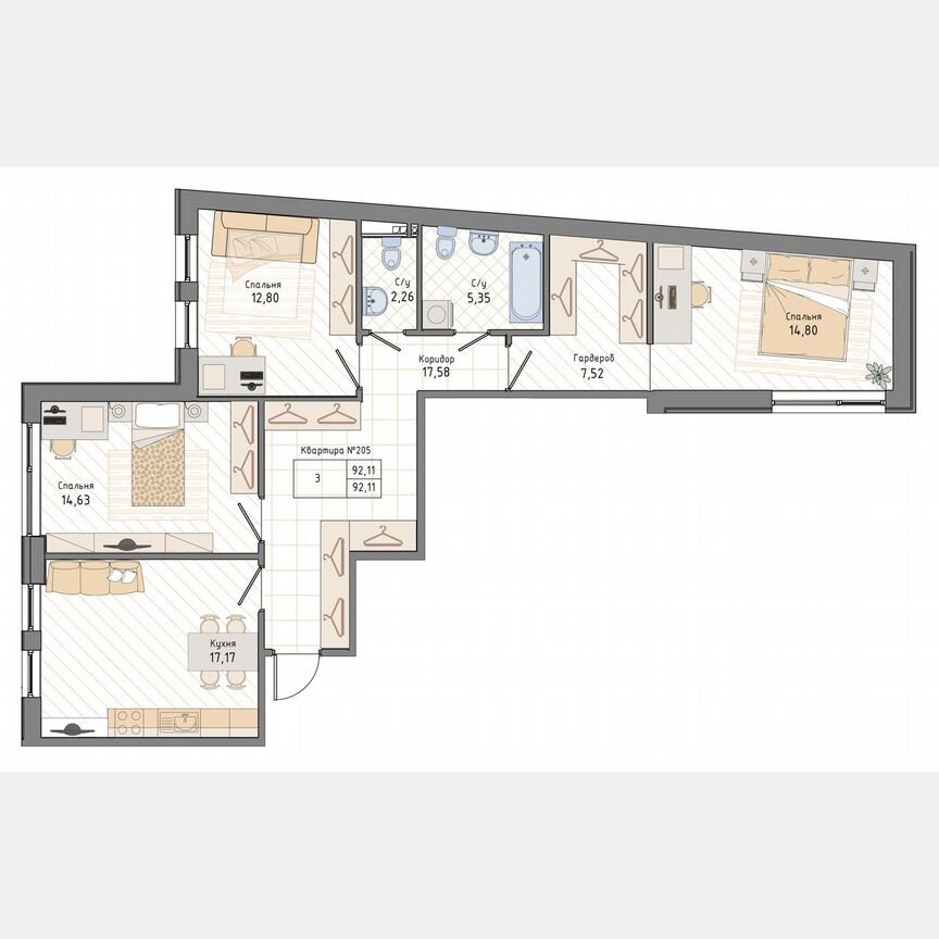 3-к. квартира, 92,1 м², 2/9 эт.