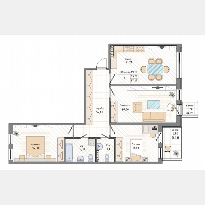 3-к. квартира, 97,3 м², 6/9 эт.