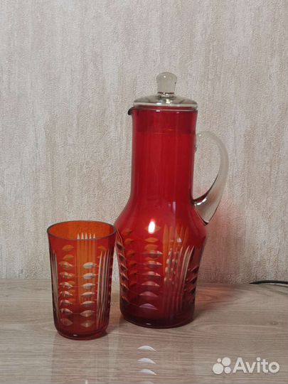 Хрустальный кувшин с крышкой и стаканом СССР