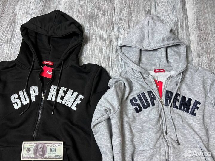 Зип Худи Supreme Серая Черная S M L XL