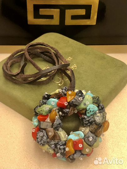 Крупный кулон бирюза коралл моховый агат змеевик