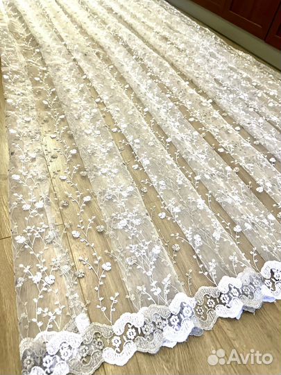 Тюль новый 3 метра вышивка бело-серые цветы