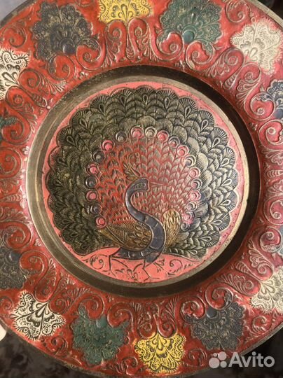 Тарелка ручной работы Павлин латунь Индия