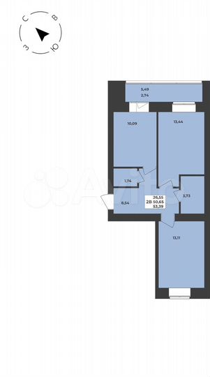 2-к. квартира, 53,4 м², 2/8 эт.
