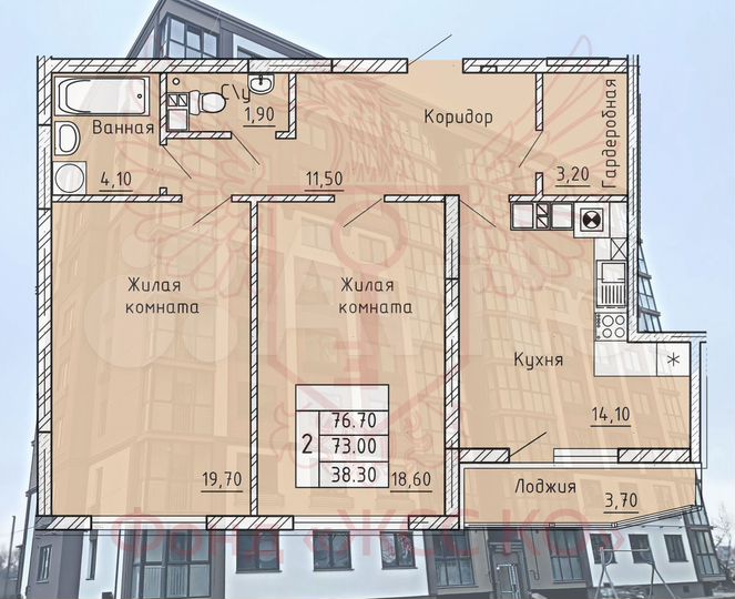 2-к. квартира, 75,1 м², 4/9 эт.