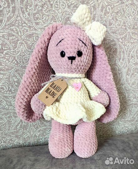 Заяц плюшевый большой, вязаная игрушка, 30-33 см