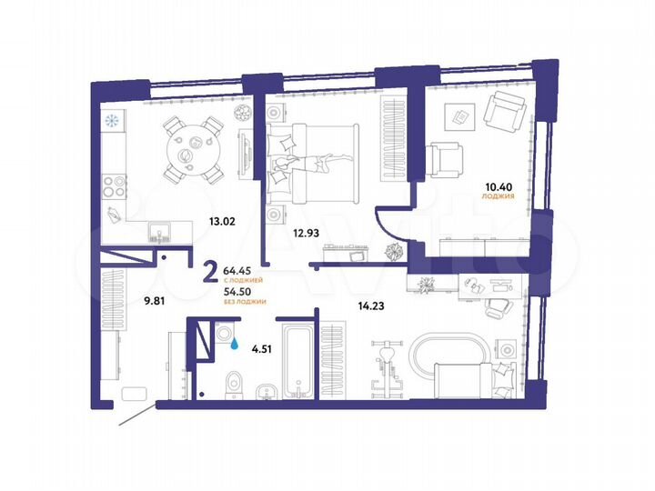 2-к. квартира, 64,5 м², 12/16 эт.