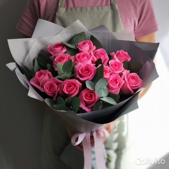 Букет из розовых роз 15 шт