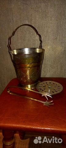Винтаж: Антикварное ведерко для льда с щипцами