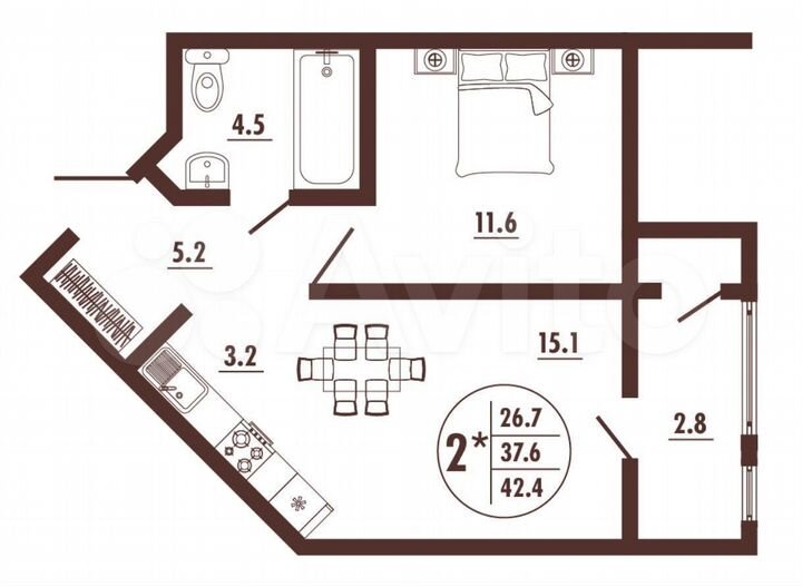 2-к. квартира, 42,4 м², 5/16 эт.