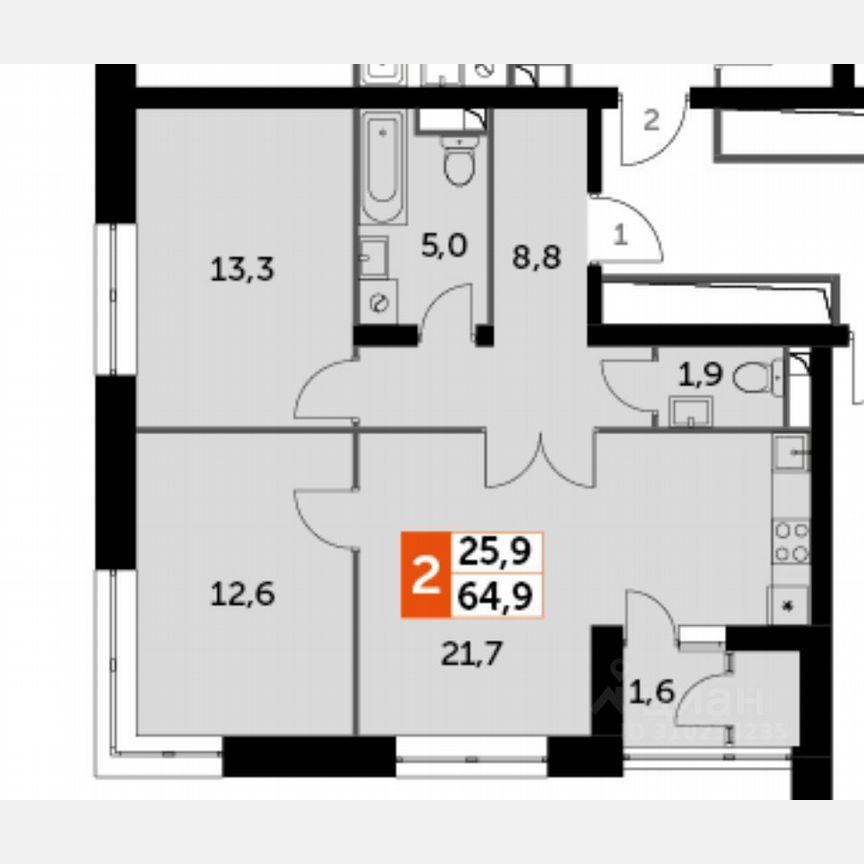 3-к. квартира, 64,9 м², 36/44 эт.
