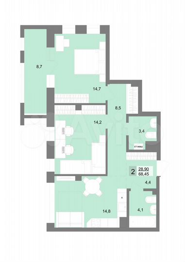 2-к. квартира, 68,5 м², 7/31 эт.