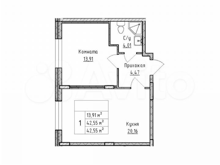 2-к. квартира, 42,6 м², 1/4 эт.