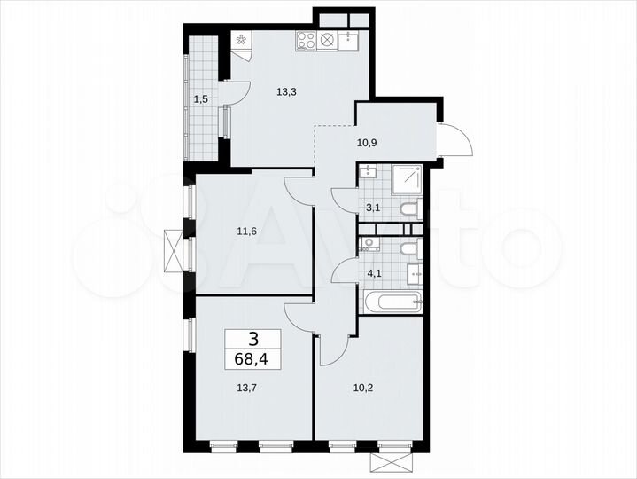 3-к. квартира, 68,4 м², 13/18 эт.