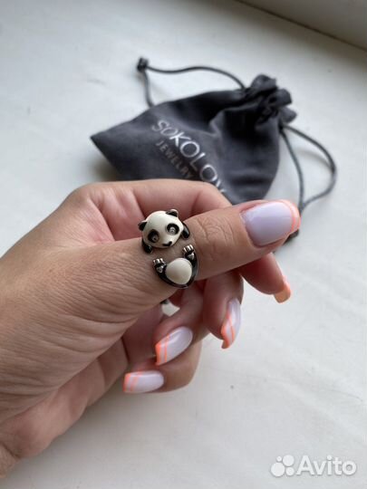 Серебряное кольцо панда-обнимашка