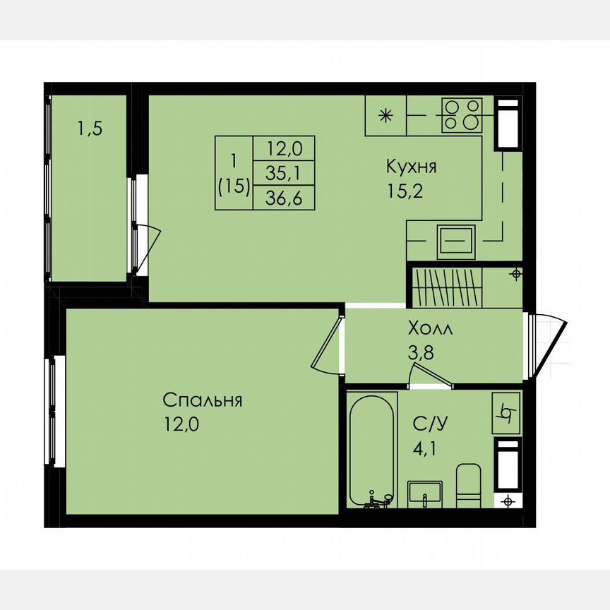 1-к. квартира, 36,6 м², 4/8 эт.