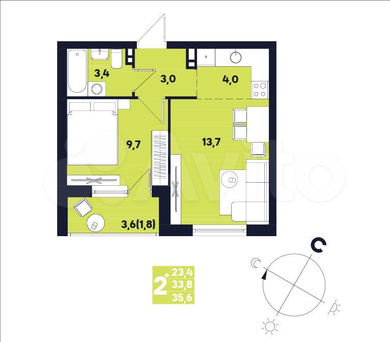 2-к. квартира, 35,6 м², 7/9 эт.